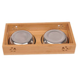 Dog and Cat Bamboo Plate Stainless Steel Double Bowl-Wiggleez-bamboo-29.5 x14 x 5CM-Wiggleez