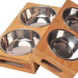 Dog and Cat Bamboo Plate Stainless Steel Double Bowl-Wiggleez-bamboo-29.5 x14 x 5CM-Wiggleez